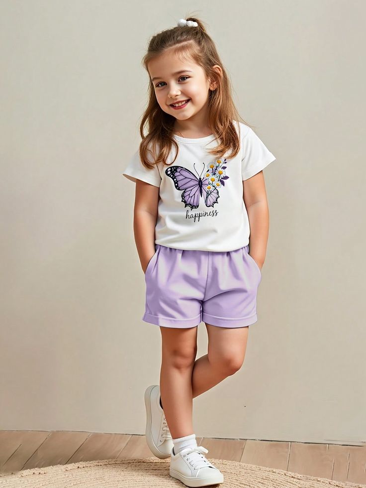 Young Girl Summer Butterfly Print Short Sleeve T-Shirt + Mint Green Comfortable Shorts 2 Pieces Set