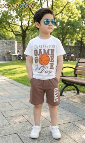 boy wearing white cotton t-shirt and brown shorts basketball game day print kids outfit TrendWale