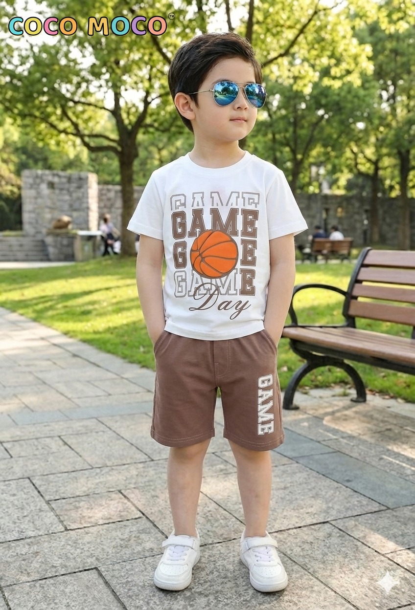 A boy in TrendWale "Game Day" white cotton tee and chestnut brown shorts with side typography.