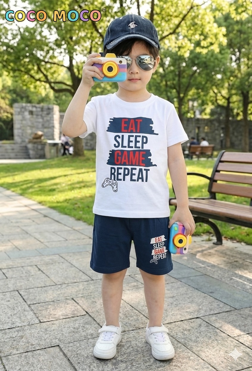Front view of a boy in TrendWale "Eat Sleep Game Repeat" white t-shirt and matching deep navy shorts.