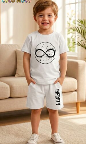 Toddler boy modeling the TrendWale white cotton shorts set featuring "Infinity" vertical text on the leg.