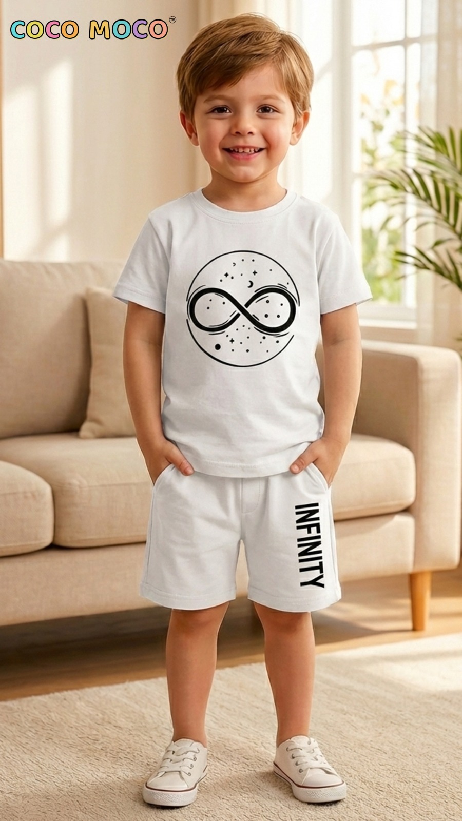 Toddler boy modeling the TrendWale white cotton shorts set featuring "Infinity" vertical text on the leg.