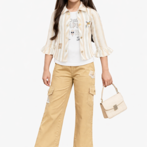 TrendWale Miss U "Artistic" Edition: Girls' Striped Ruffle Shrug & Cargo Pant Ensemble