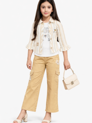 TrendWale Miss U "Artistic" Edition: Girls' Striped Ruffle Shrug & Cargo Pant Ensemble