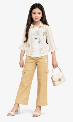 girl wearing beige stylish outfit with striped jacket and cargo pants kids smart casual fashion TrendWale