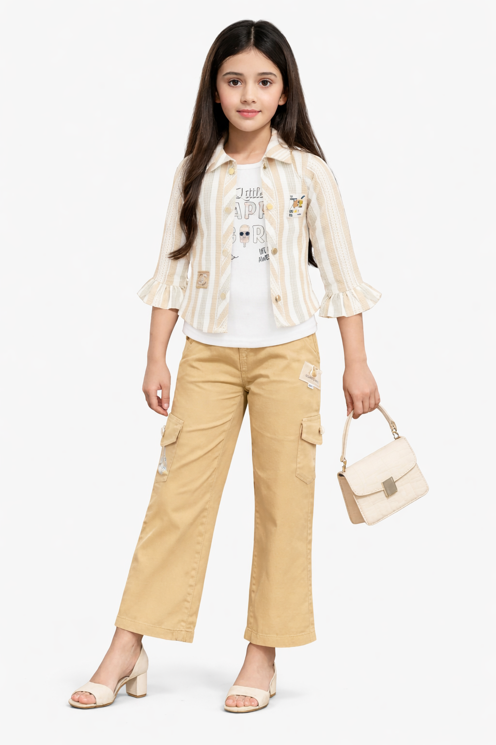 TrendWale Miss U "Artistic" Edition: Girls' Striped Ruffle Shrug & Cargo Pant Ensemble