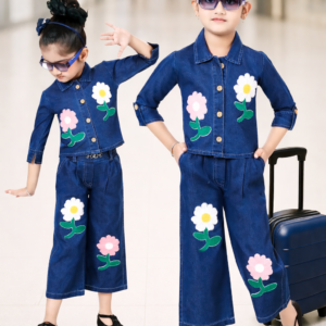 TrendWale Honey Love Edition: Girls' "Bloom" Embroidered Denim Shirt & Wide-Leg Set