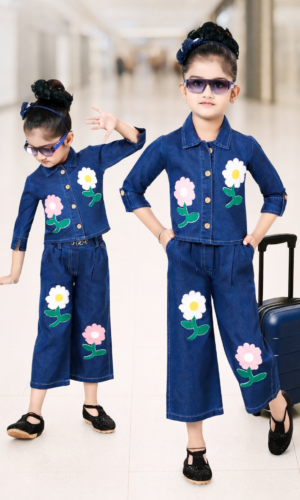 girl wearing denim co ord set with floral design kids trendy outfit multi pose lifestyle fashion TrendWale