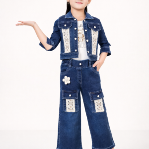 TrendWale Honey Love Edition: Girls' "Forever Luxe" Lace-Panel Denim & Cargo 3-Piece Set