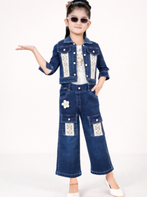 TrendWale Honey Love Edition: Girls' "Forever Luxe" Lace-Panel Denim & Cargo 3-Piece Set