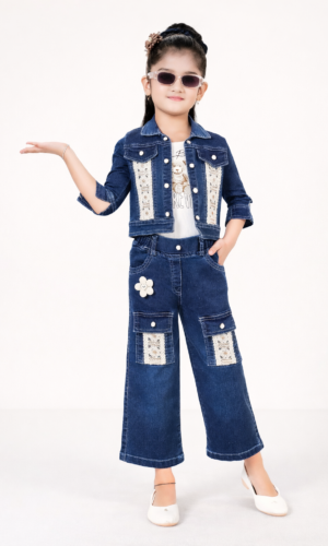 girl wearing denim co ord set with embroidered jacket and pants stylish kids premium outfit TrendWale