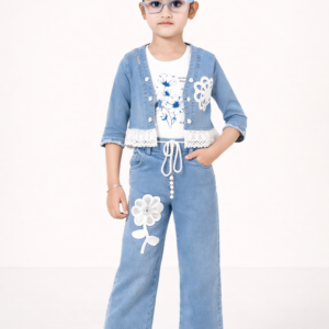 TrendWale Honey Love Edition: Girls' "Sunny Day" Lace-Trimmed Denim 3-Piece Set