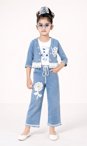 girl wearing light denim co ord set with jacket and floral design kids cute premium outfit TrendWale