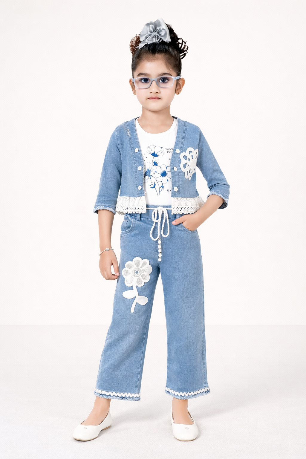 TrendWale Honey Love Edition: Girls' "Sunny Day" Lace-Trimmed Denim 3-Piece Set