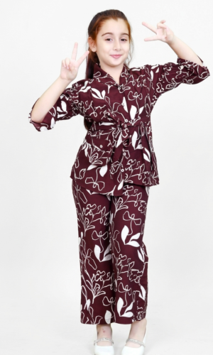 girl wearing maroon printed co ord set top and pants kids stylish outfit TrendWale