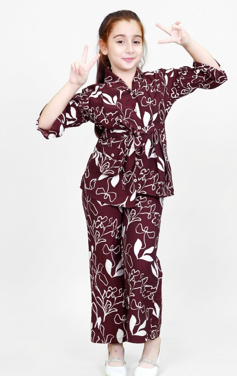 TrendWale Lillybell "Midnight Bloom" Edition: Girls' Floral Wrap Shirt & Wide-Leg Pant Set