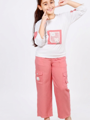 TrendWale Lillybell "Queen" Edition: Girls' Floral Mesh Sweatshirt & Utility Cargo Set