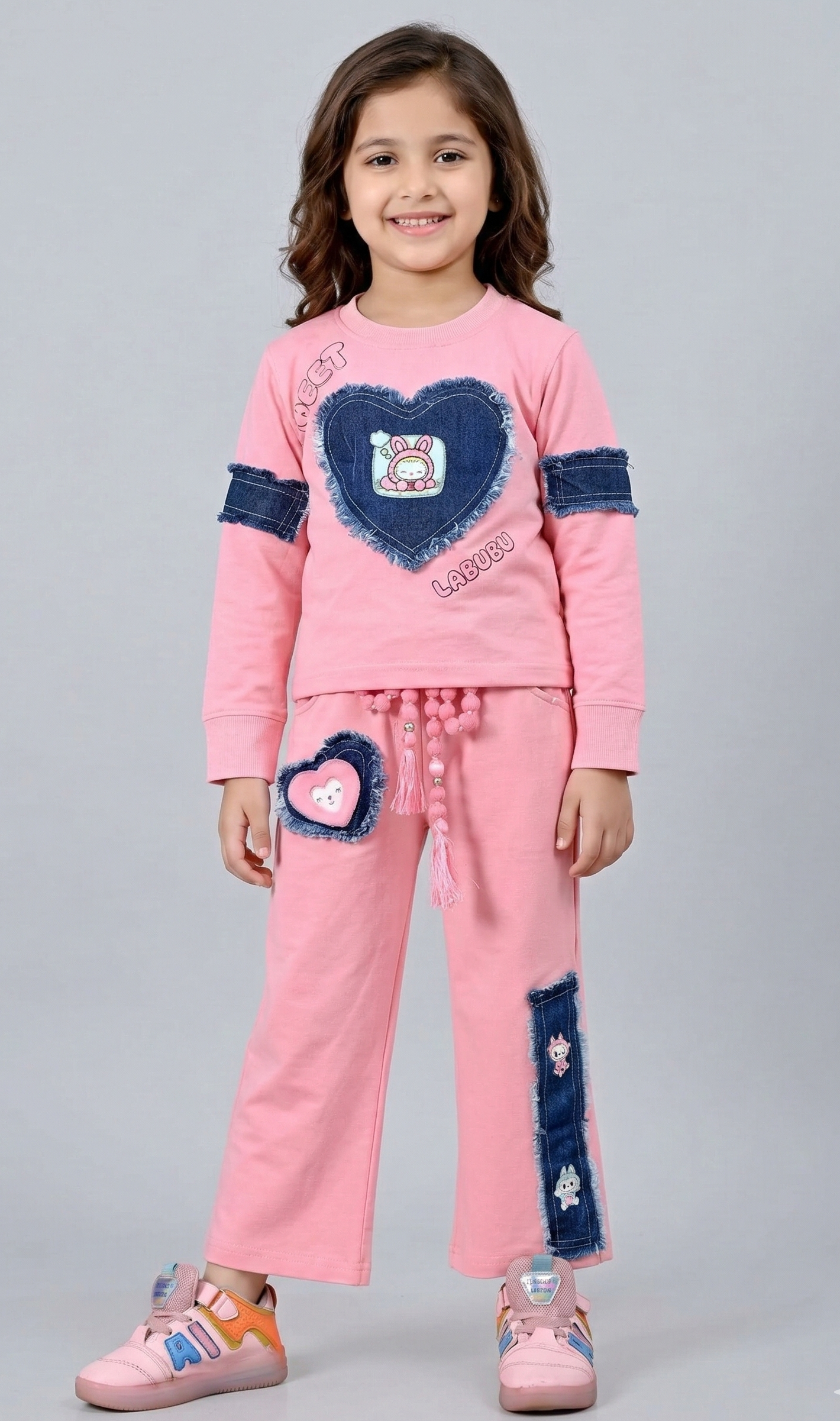 TrendWale "Dream Baby" Edition: Girls' Denim Heart-Patch Sweatshirt & Tassel Trouser Set - Image 2