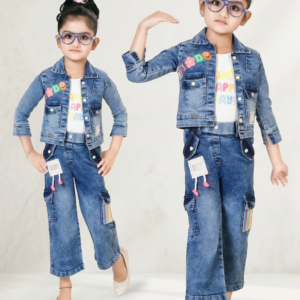 TrendWale Honey Love "Adventure" Edition: Girls' Patchwork Denim Jacket & Multi-Color Cargo Set