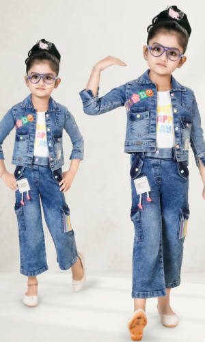 girl wearing denim co ord set with jacket and cargo pants trendy kids outfit multi view TrendWale