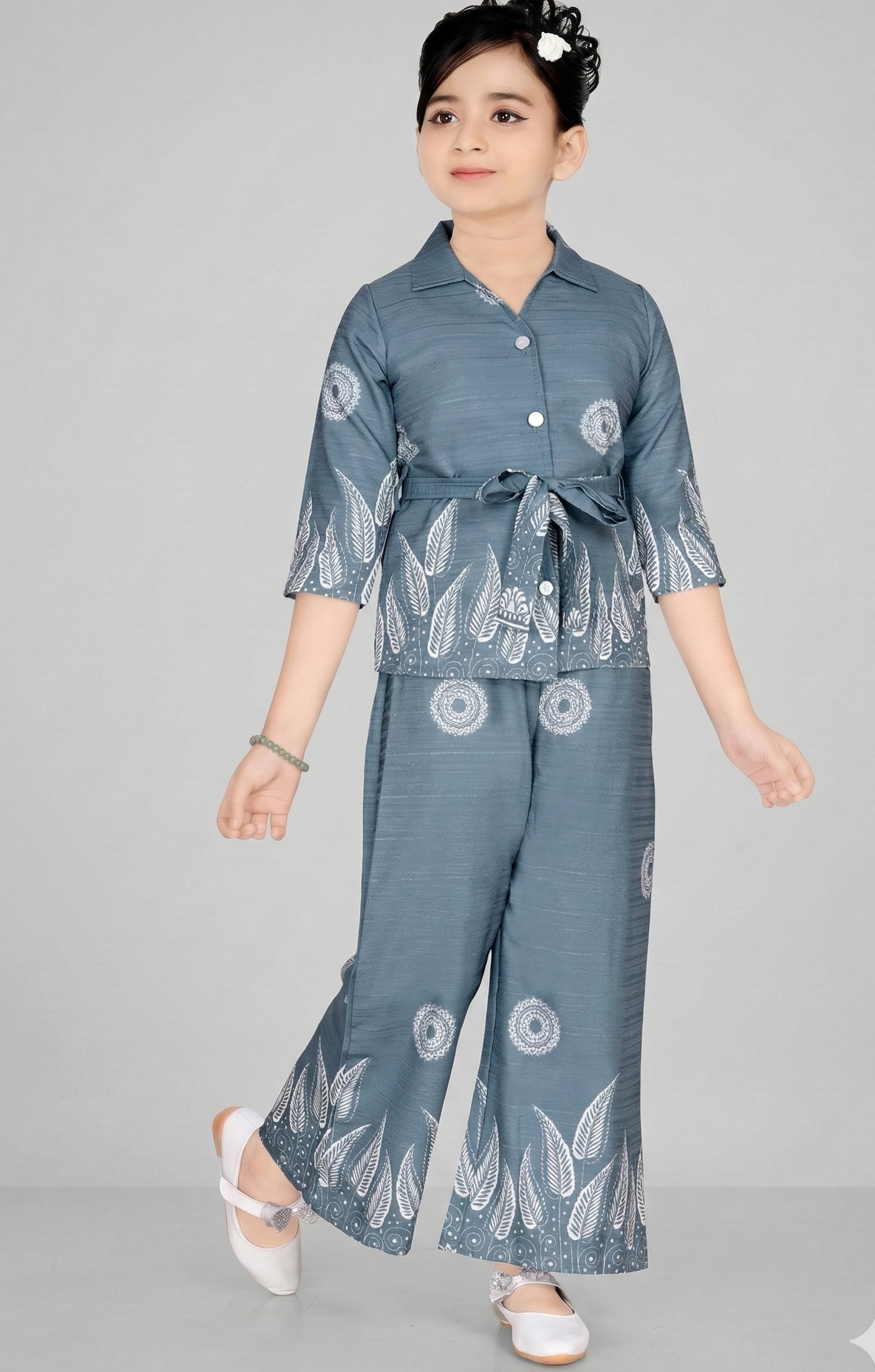 TrendWale Auli "Artistic" Edition: Girls' Mandala & Leaf Print Belted Coord Set - Image 2