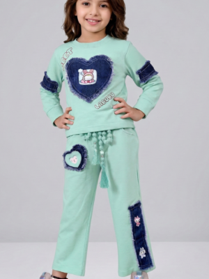 TrendWale "Dream Baby" Edition: Girls' Denim Heart-Patch Sweatshirt & Tassel Trouser Set