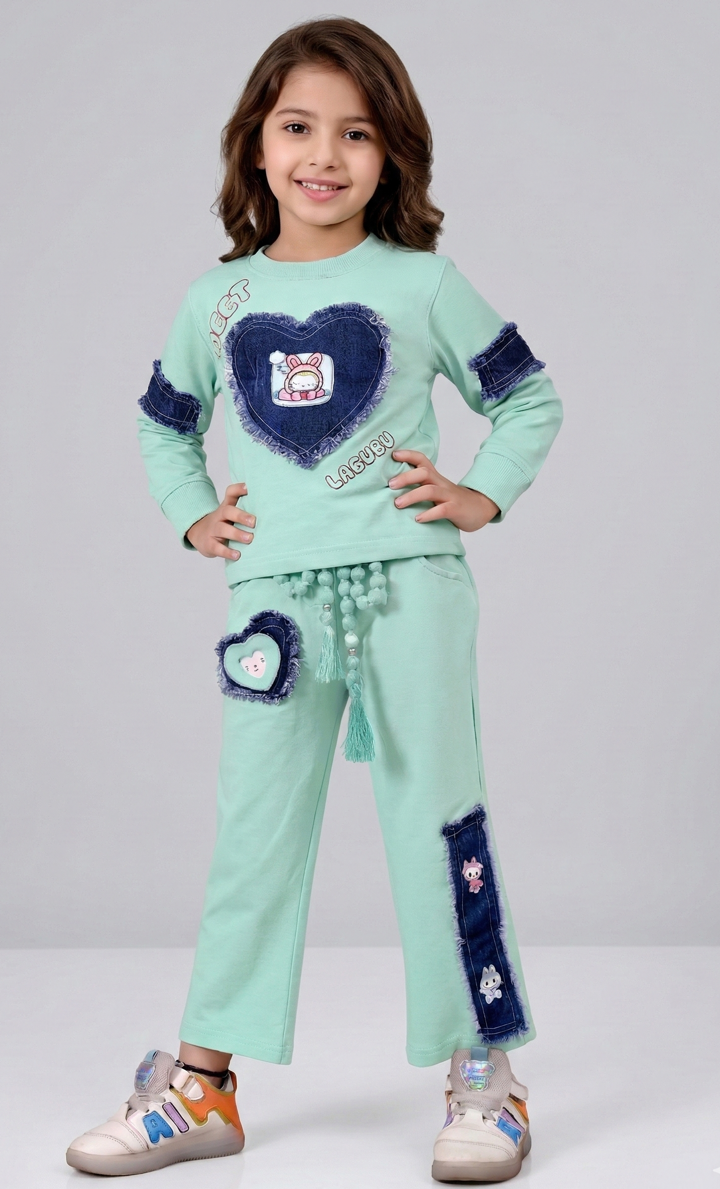 TrendWale "Dream Baby" Edition: Girls' Denim Heart-Patch Sweatshirt & Tassel Trouser Set
