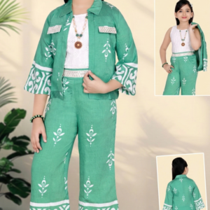 TrendWale Auli "Celebration" Edition: Girls' Festive 3-Piece Jacket & Trouser Ensemble
