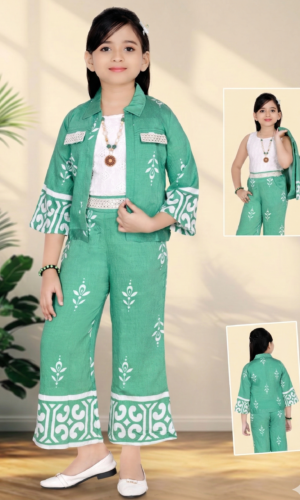 girl wearing green ethnic co ord set with jacket kids festive outfit multi view TrendWale