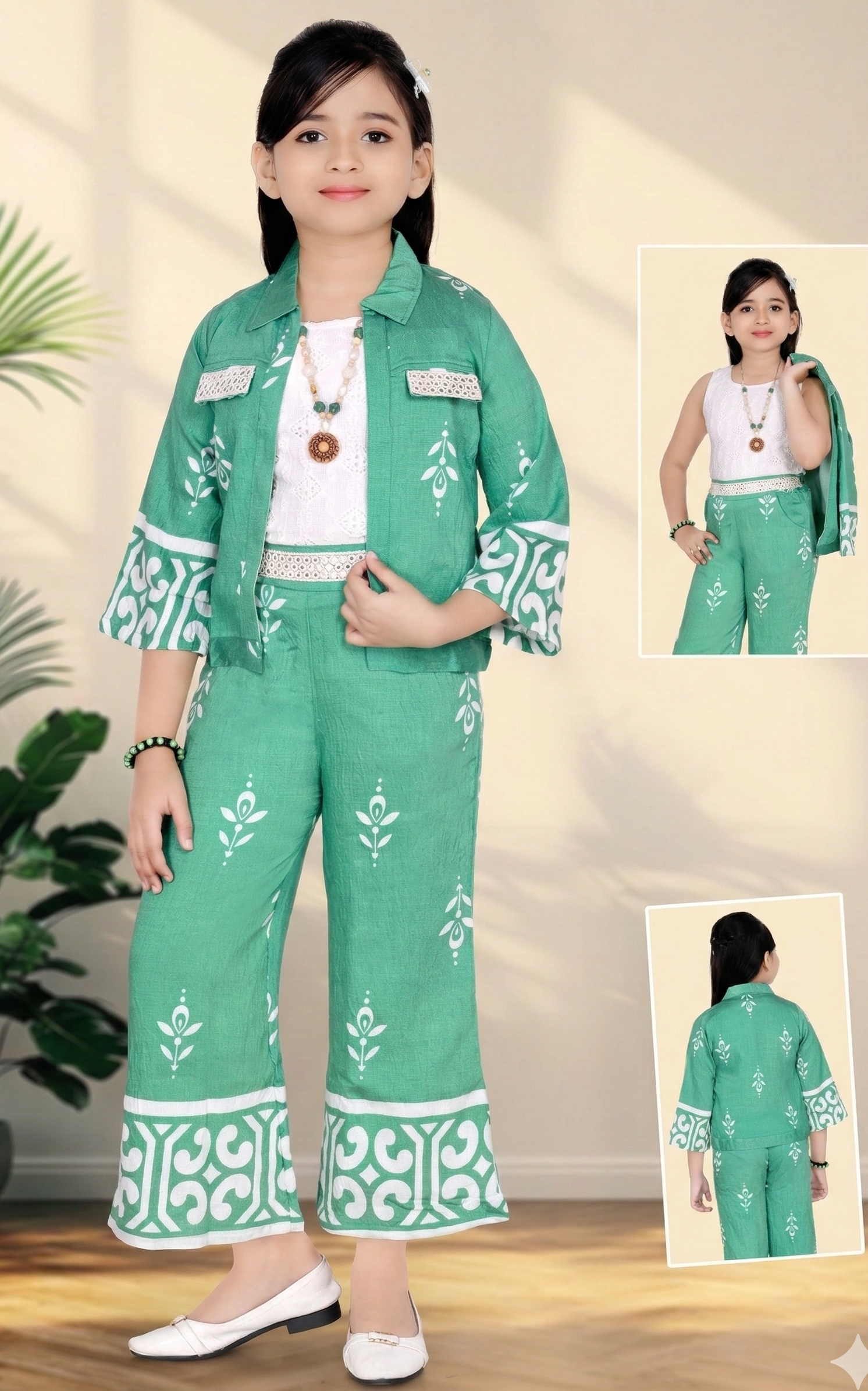 TrendWale Auli "Celebration" Edition: Girls' Festive 3-Piece Jacket & Trouser Ensemble