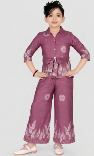 girl wearing maroon ethnic co ord set with traditional print kids festive outfit TrendWale