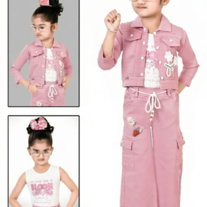 TrendWale Honey Love "Bloom" Edition: Girls' Floral Denim Jacket & Cargo 3-Piece Set