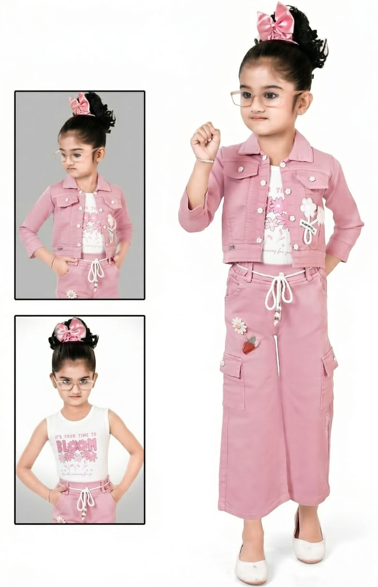 TrendWale Honey Love "Bloom" Edition: Girls' Floral Denim Jacket & Cargo 3-Piece Set