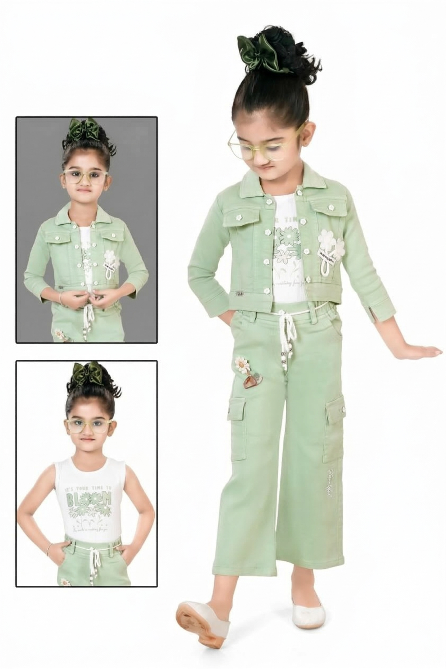 TrendWale Honey Love "Bloom" Edition: Girls' Floral Denim Jacket & Cargo 3-Piece Set - Image 2