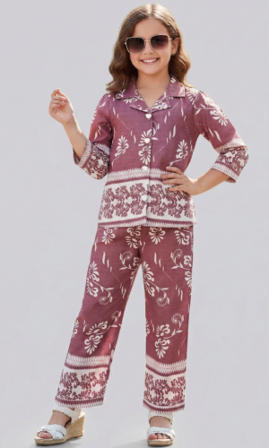 girl wearing maroon printed co ord set kids ethnic stylish outfit TrendWale