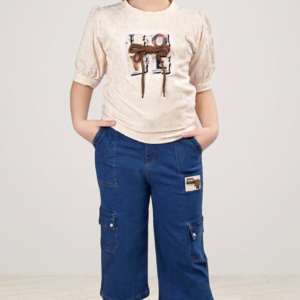 Girls' "Love" Puff Sleeve Top & Denim Cargo Capri Set | TrendWale