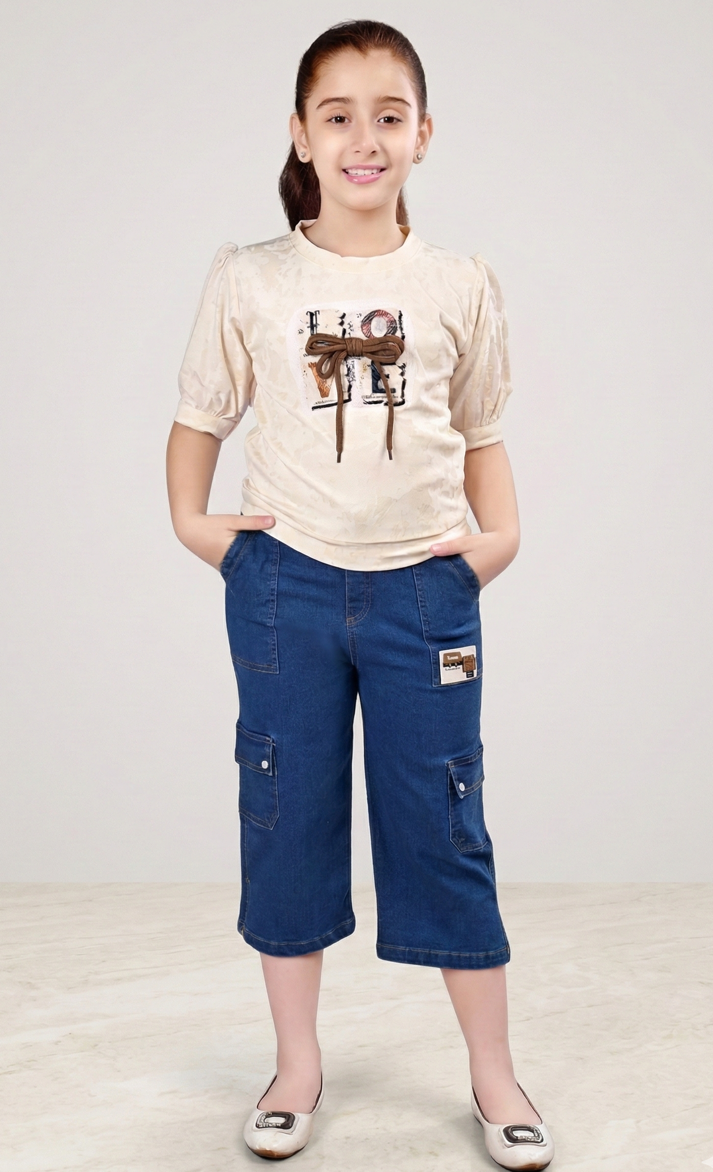 Girls' "Love" Puff Sleeve Top & Denim Cargo Capri Set | TrendWale