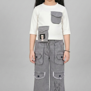 TrendWale "My Dream" Edition: Girls' Utility Pocket Top & Wide-Leg Cargo Denim Set