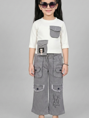 TrendWale "My Dream" Edition: Girls' Utility Pocket Top & Wide-Leg Cargo Denim Set