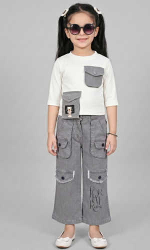 girl wearing white top and grey cargo pants kids stylish western outfit TrendWale