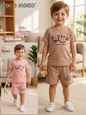 TrendWale boys' cotton coord set featuring a t-shirt and shorts in pink and beige with "Smile" graphic.