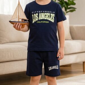 Boy in navy Los Angeles printed cotton t‑shirt and shorts set from TrendWale