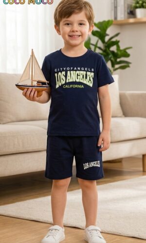 boy wearing navy blue cotton t-shirt and shorts set kids outfit TrendWale