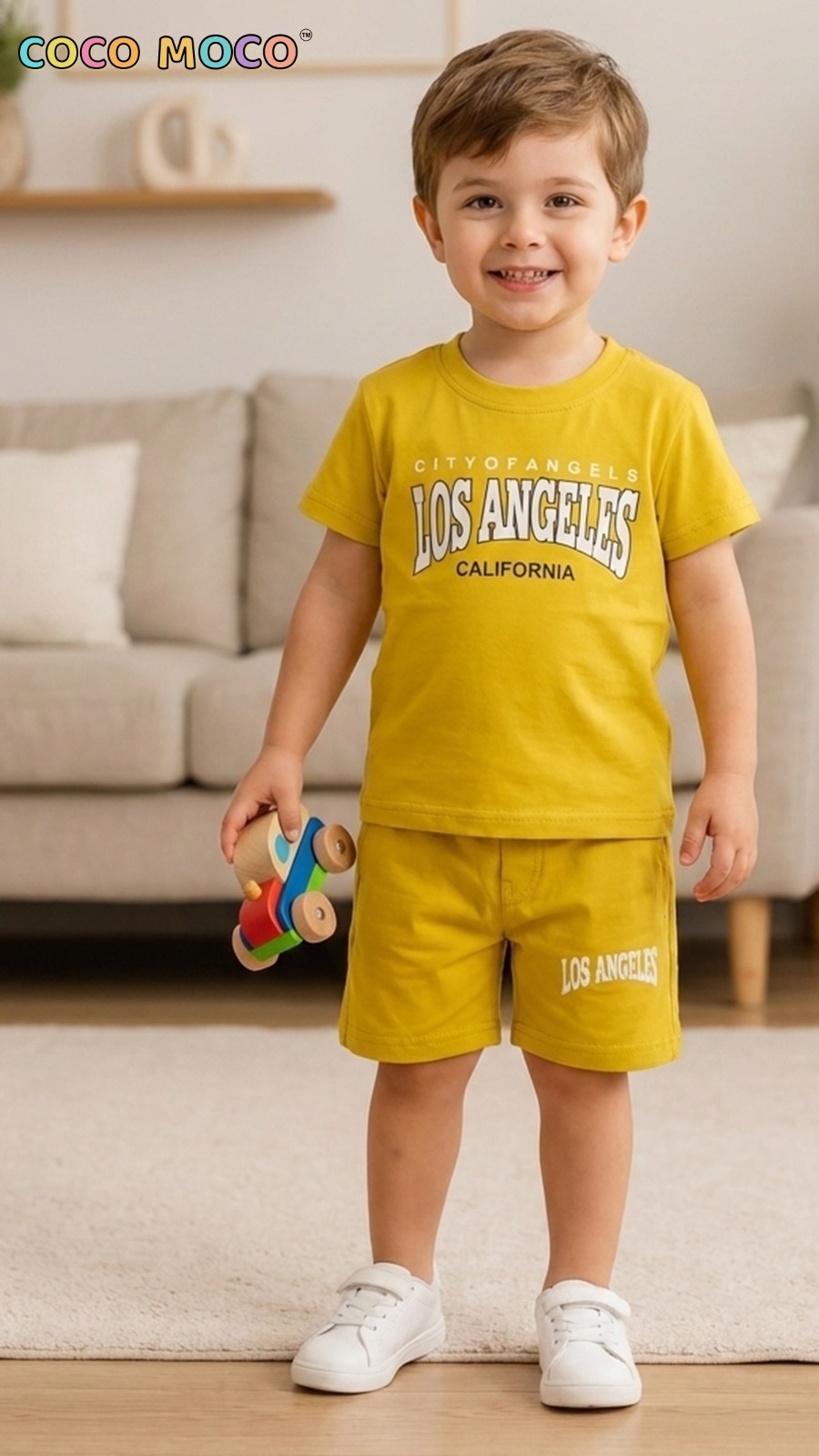 Boy in mustard Los Angeles printed cotton coord set for kids by TrendWale
