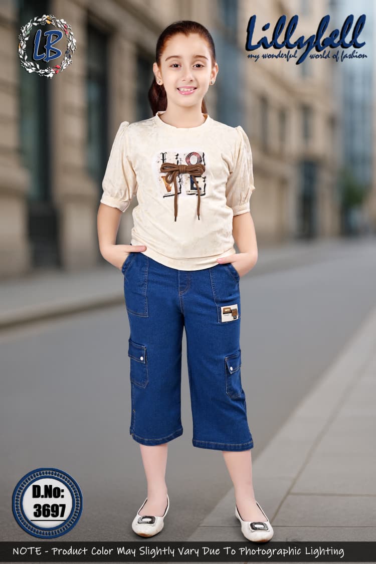 Girls' "Love" Puff Sleeve Top & Denim Cargo Capri Set | TrendWale