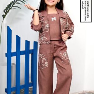 TrendWale Blueberry Edition: Girls' Floral Embroidered 3-Piece Jacket & Trouser Set