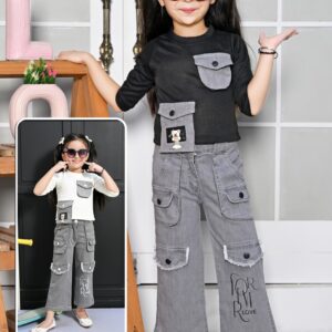 TrendWale "My Dream" Edition: Girls' Utility Pocket Top & Wide-Leg Cargo Denim Set