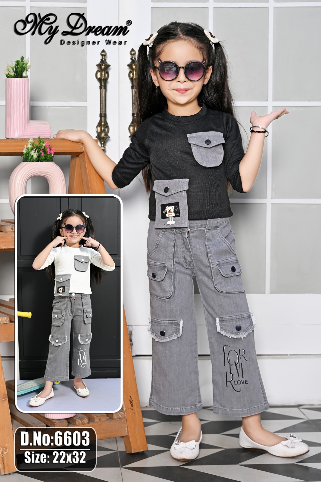 TrendWale "My Dream" Edition: Girls' Utility Pocket Top & Wide-Leg Cargo Denim Set