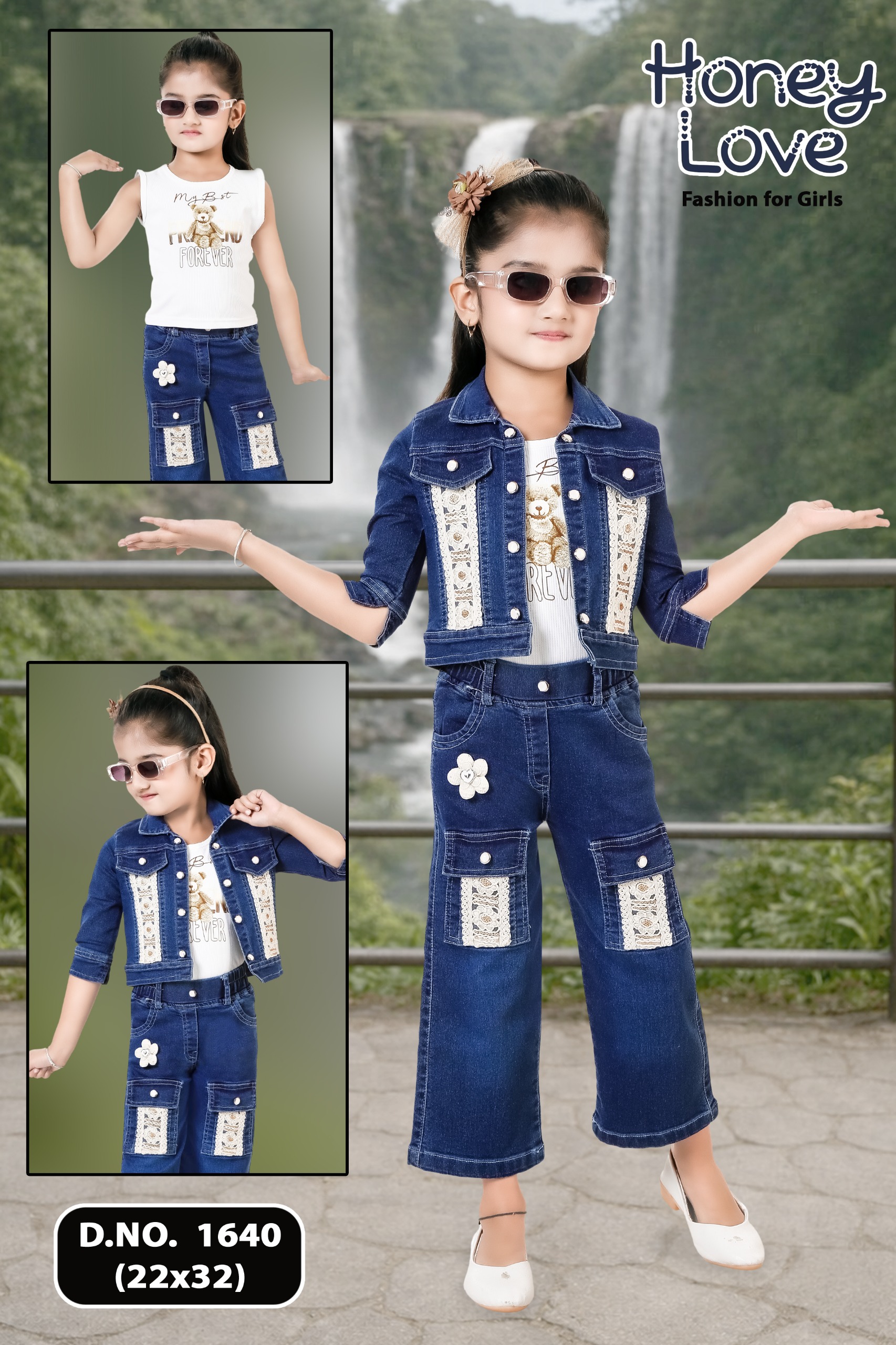 TrendWale Honey Love Edition: Girls' "Forever Luxe" Lace-Panel Denim & Cargo 3-Piece Set