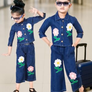 TrendWale Honey Love Edition: Girls' "Bloom" Embroidered Denim Shirt & Wide-Leg Set